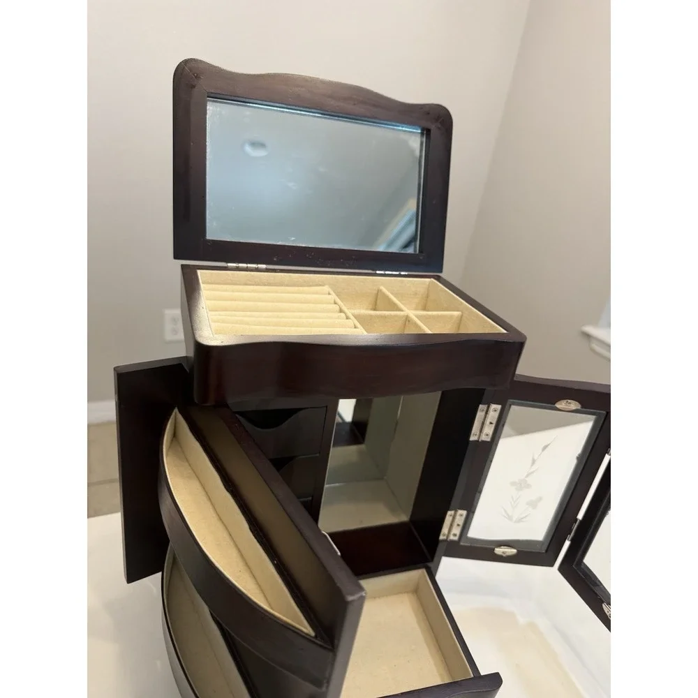 Vintage CherryWood Jewelry Box Armoire Etched Flower Glass Doors Carousel Mirror